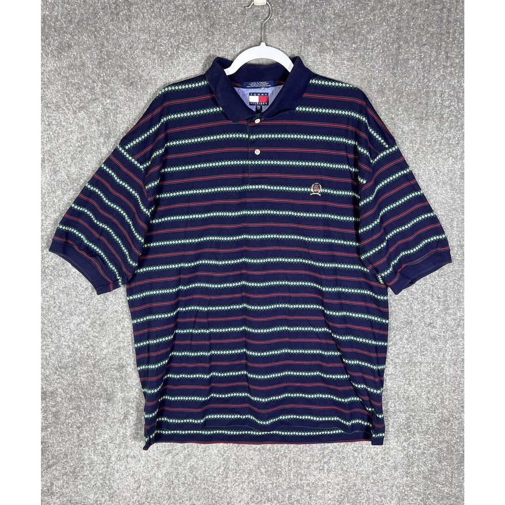 Tommy Hilfiger Polo Shirt Mens Size XXL Blue Red Green Striped Argyle Cotton